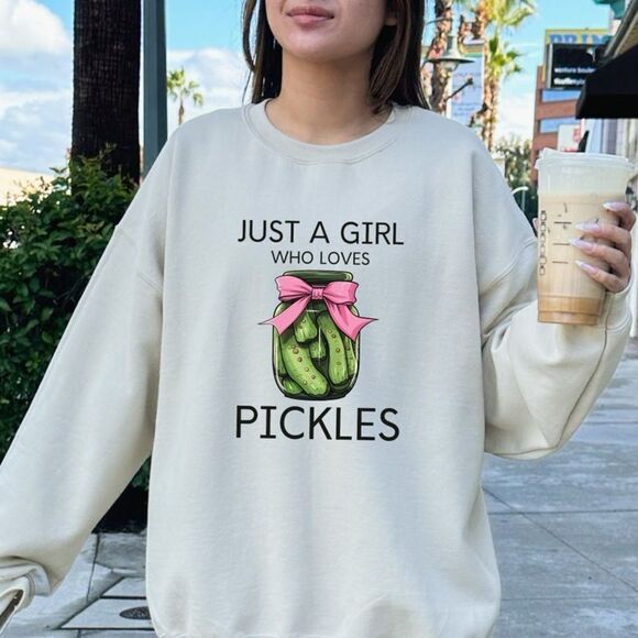 Just A Girl Who Lives Pickle Sweatshirt Tan Medium - Picture 2 of 14